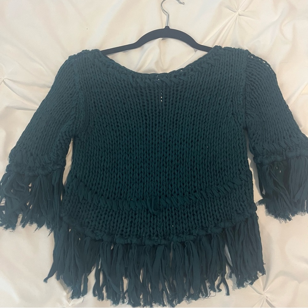 Free People Crochet Fringe Emerald Green Crop Sweater XS - Picture 13 of 15